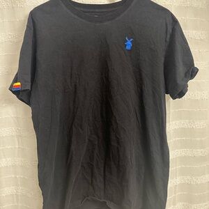 Dutch Bros Black Tee with Blue Logo and Red Sleeve Detail